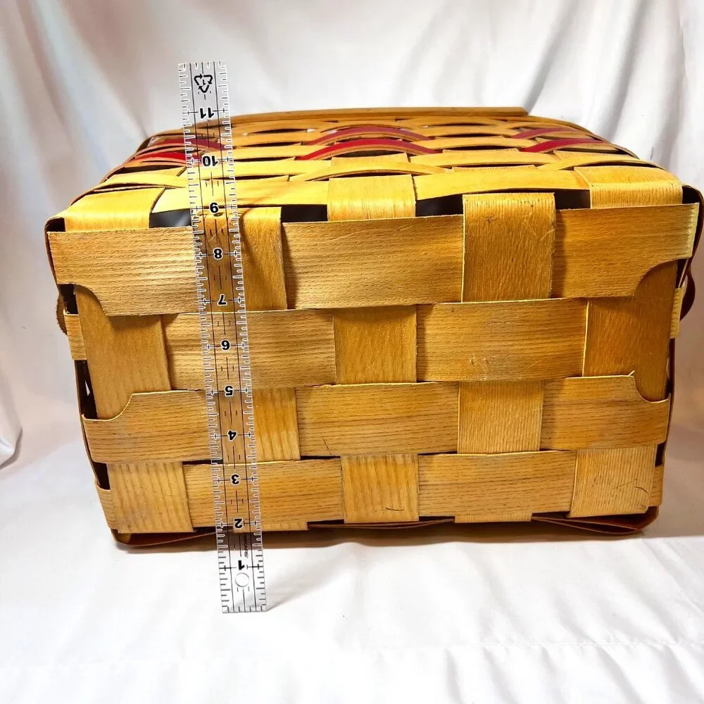 Peterboro Woven Basket Co. 1854-Picnic/Storage-W/Lid-Retired Tan/Red-Hand Made